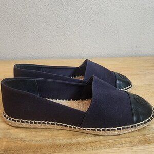 Tory Burch Shoes Womens Size 8 Navy Black Espadrille Flats Leather Cap Toe Logo